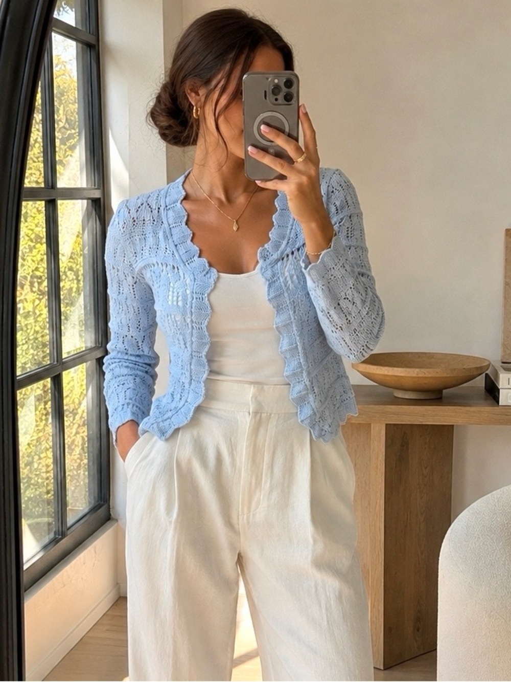 Vintage 90s White Stag Baby Blue Pointelle Open Knit Cardigan Cottagecore